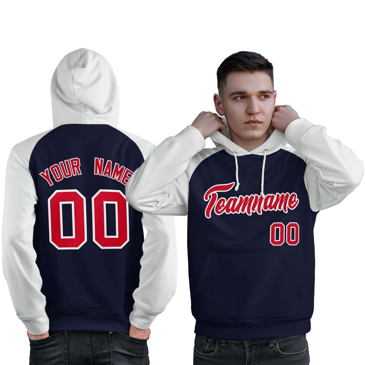 Custom Stitched Navy White-Red Raglan Sleeves Sports Pullover Sweatshirt Hoodie For Men| KXKSHOP