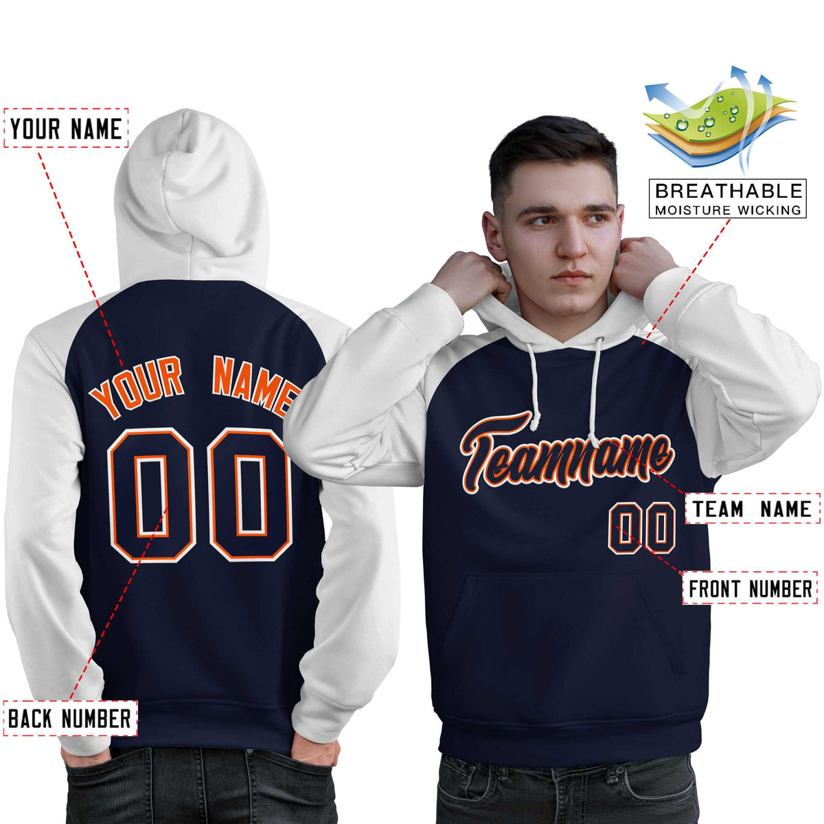 Custom Stitched Navy White Raglan Sleeves Sports Pullover Sweatshirt Hoodie For Men| KXKSHOP