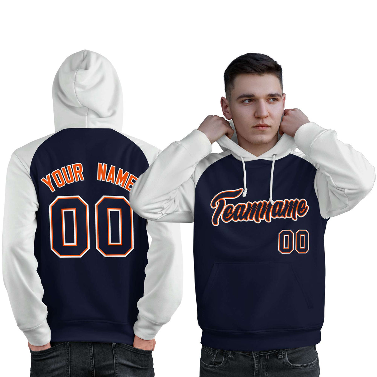Custom Stitched Navy White Raglan Sleeves Sports Pullover Sweatshirt Hoodie For Men| KXKSHOP
