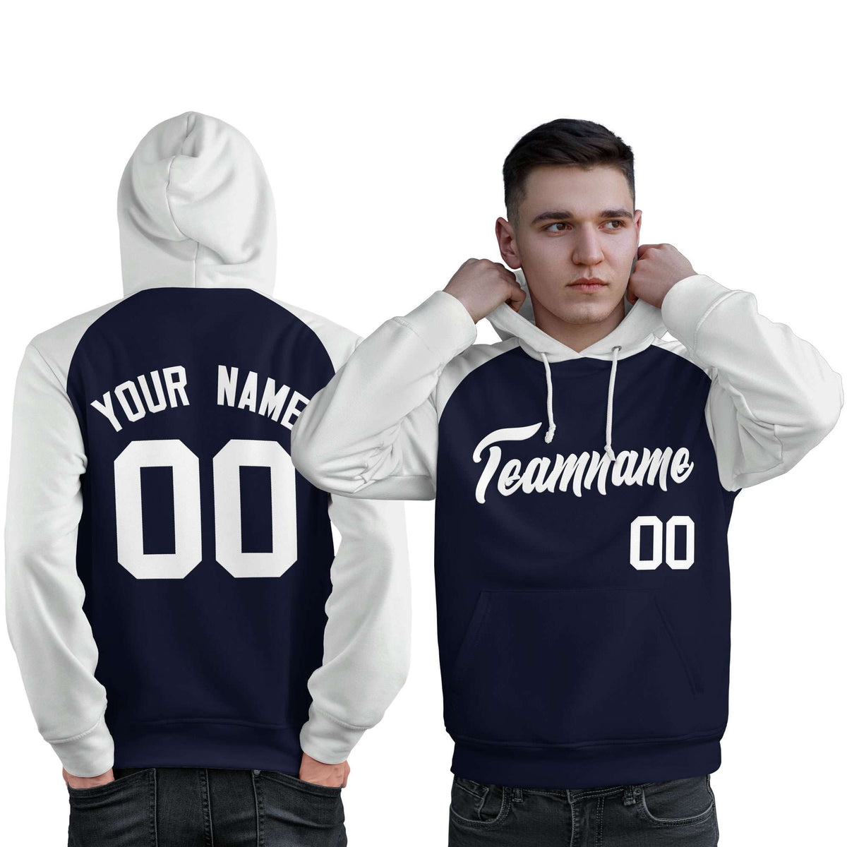 Custom Stitched Navy White Raglan Sleeves Sports Pullover Sweatshirt Hoodie For Men| KXKSHOP