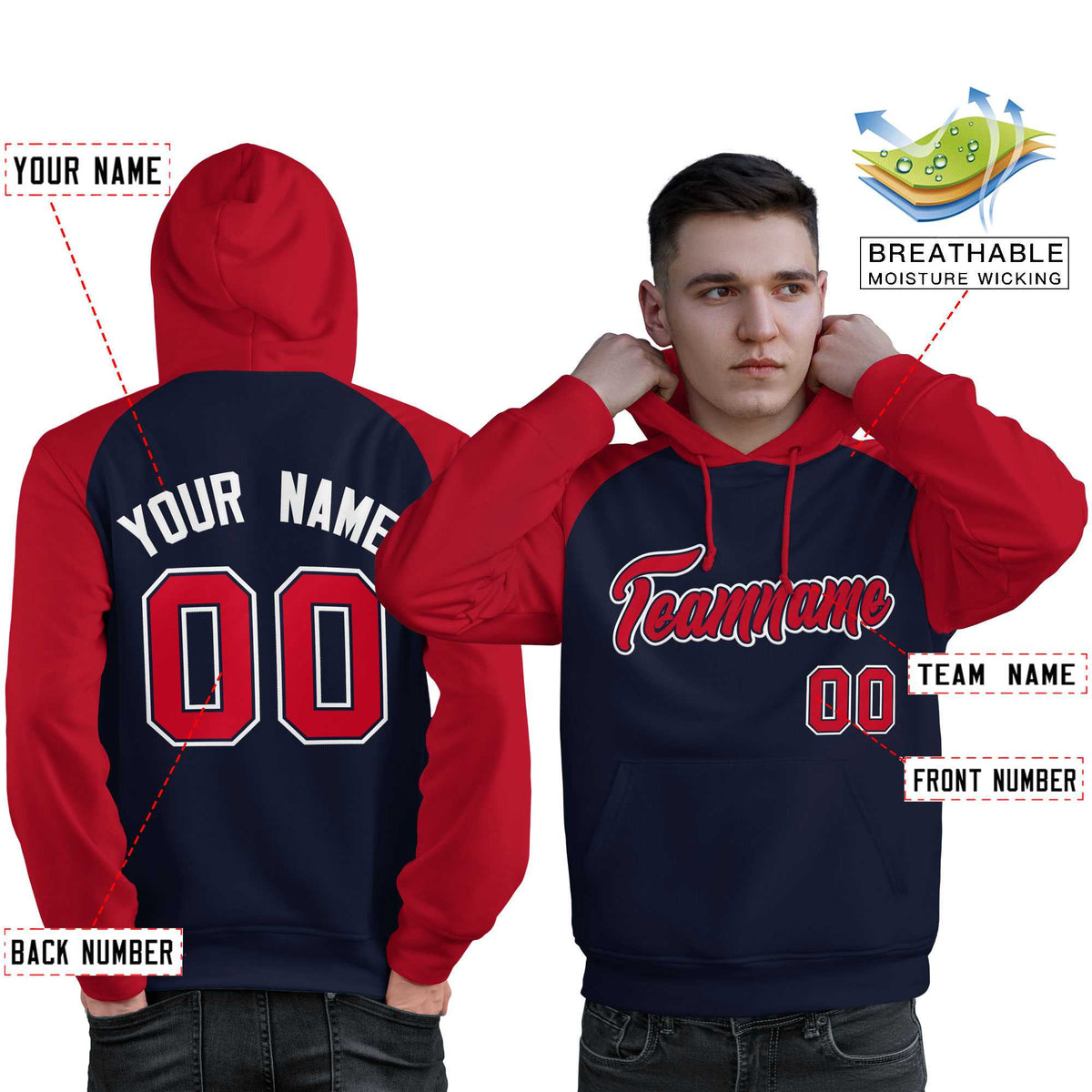 Custom Stitched Navy Red Raglan Sleeves Sports Pullover Sweatshirt Hoodie For Men| KXKSHOP