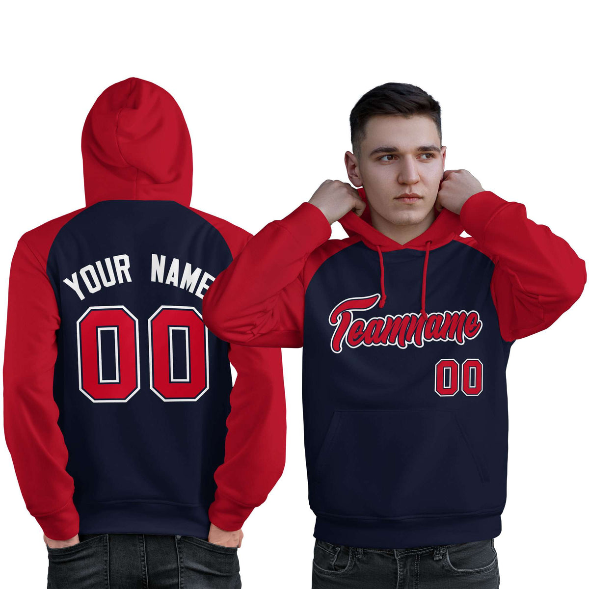 Custom Stitched Navy Red Raglan Sleeves Sports Pullover Sweatshirt Hoodie For Men| KXKSHOP