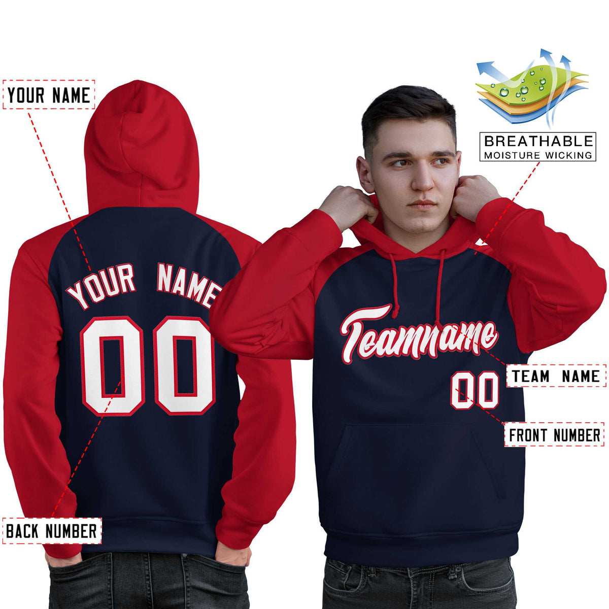 Custom Stitched Navy Red-White Raglan Sleeves Sports Pullover Sweatshirt Hoodie For Men| KXKSHOP