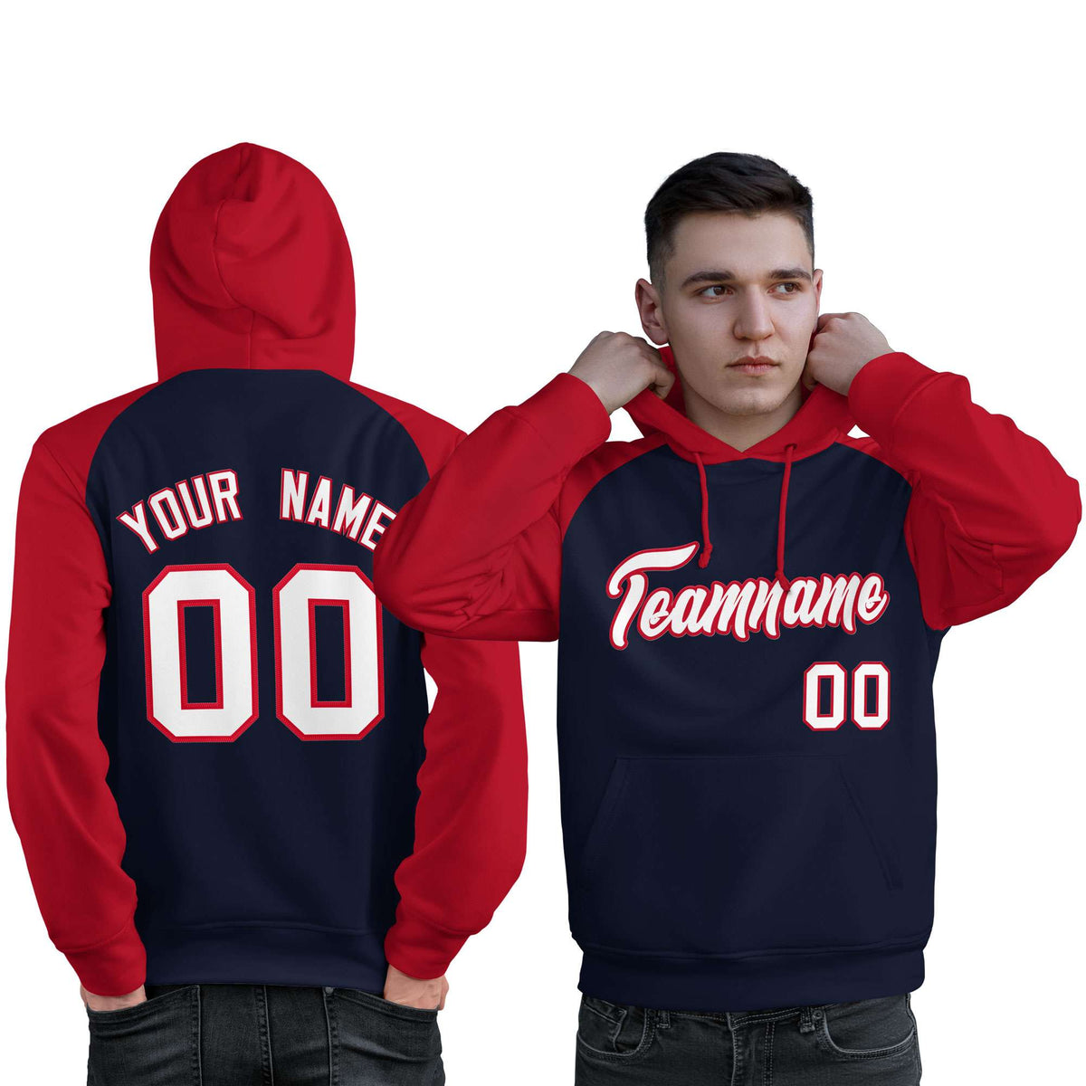 Custom Stitched Navy Red-White Raglan Sleeves Sports Pullover Sweatshirt Hoodie For Men| KXKSHOP