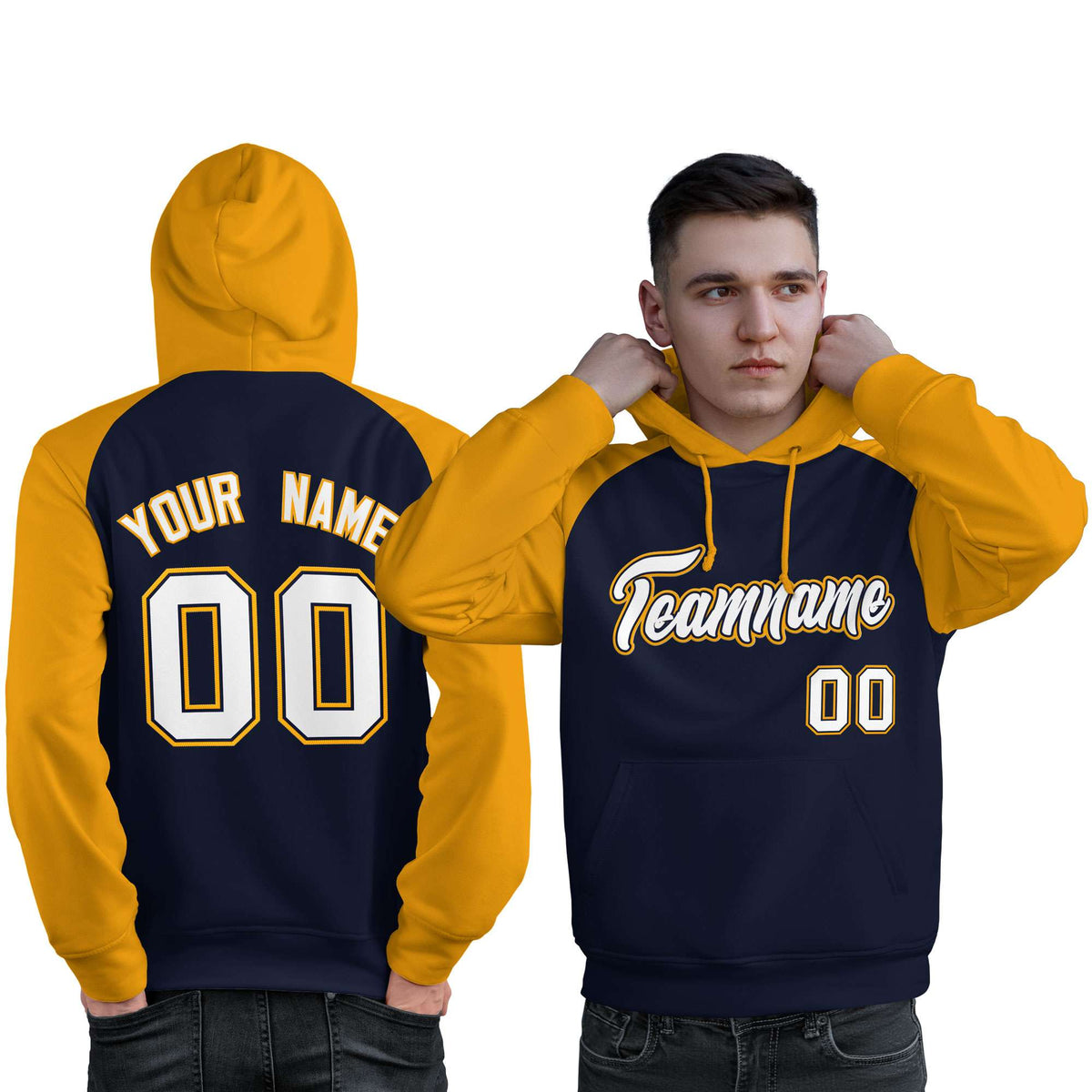 Custom Stitched Navy Gold-White Raglan Sleeves Sports Pullover Sweatshirt Hoodie For Men| KXKSHOP