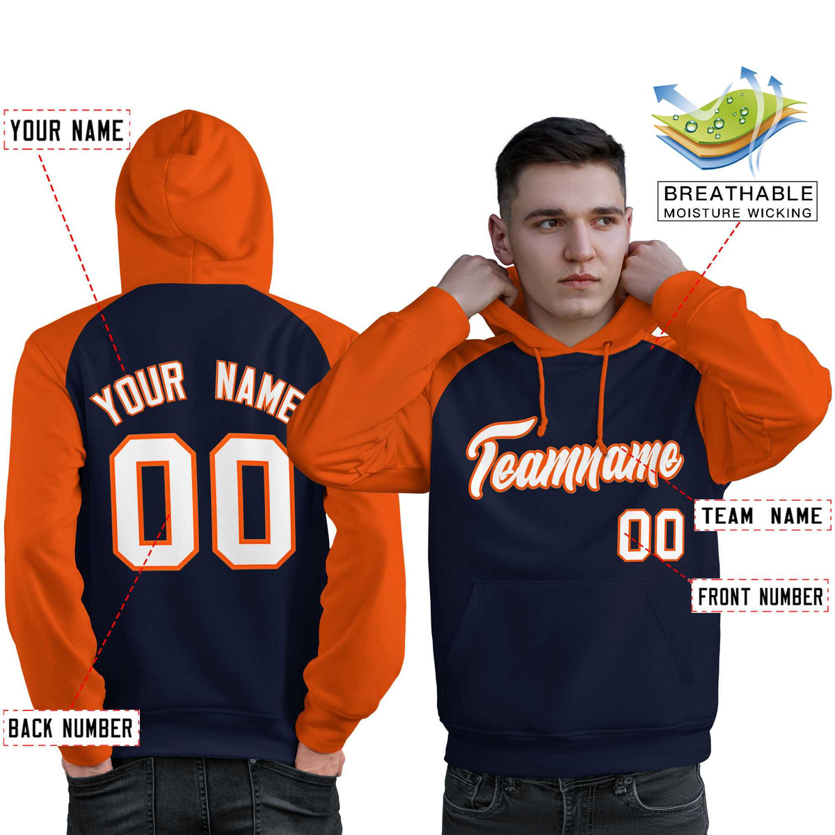 Custom Stitched Navy Orange-White Raglan Sleeves Sports Pullover Sweatshirt Hoodie For Men| KXKSHOP