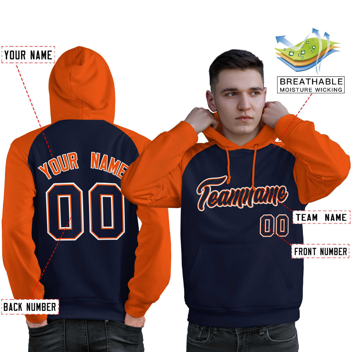 Custom Stitched Navy Orange Raglan Sleeves Sports Pullover Sweatshirt Hoodie For Men| KXKSHOP
