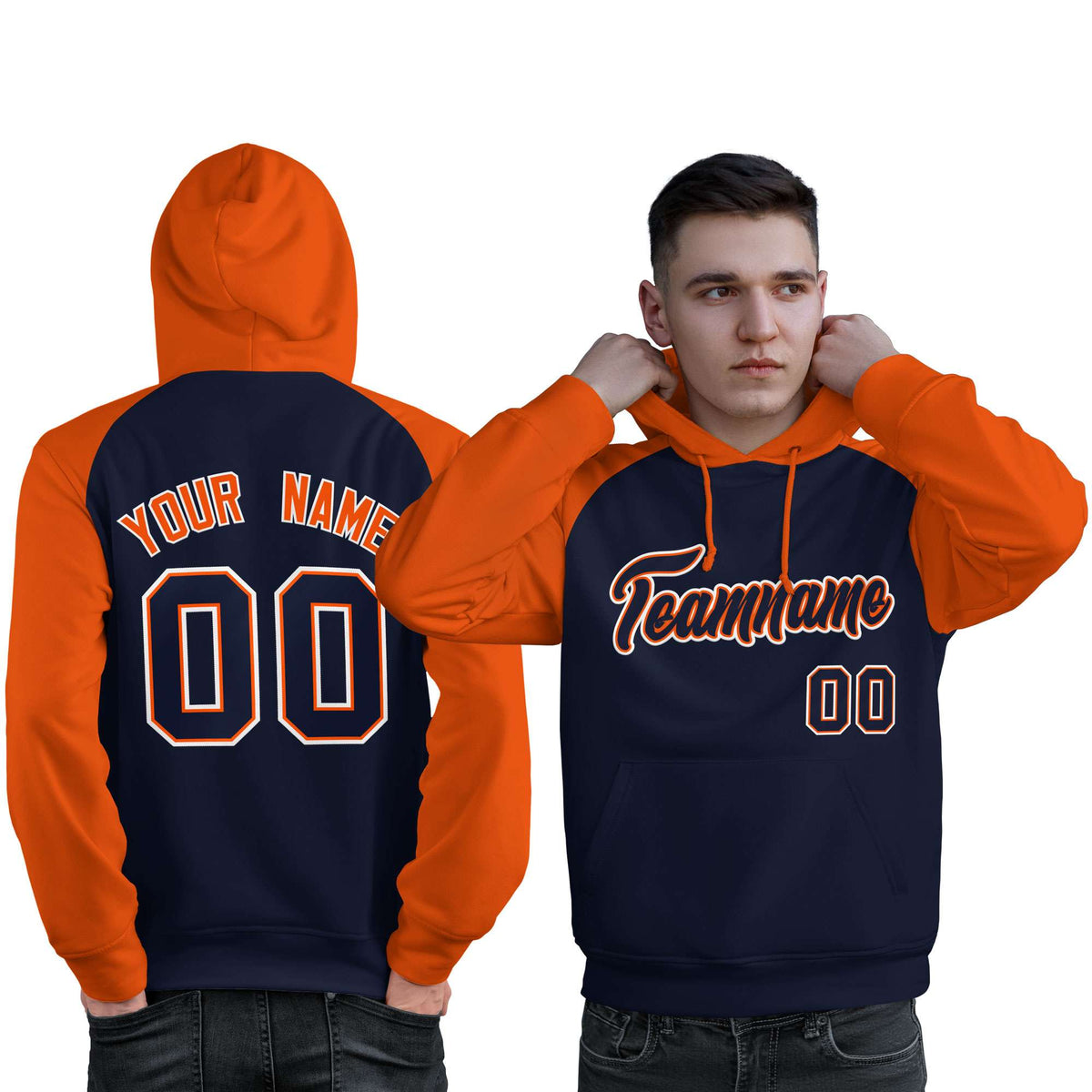 Custom Stitched Navy Orange Raglan Sleeves Sports Pullover Sweatshirt Hoodie For Men| KXKSHOP