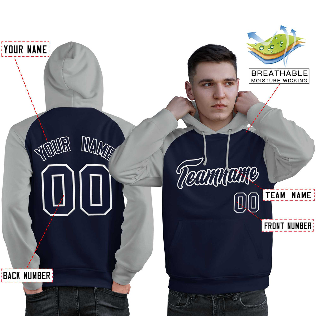 Custom Stitched Navy Gray Raglan Sleeves Sports Pullover Sweatshirt Hoodie For Men| KXKSHOP
