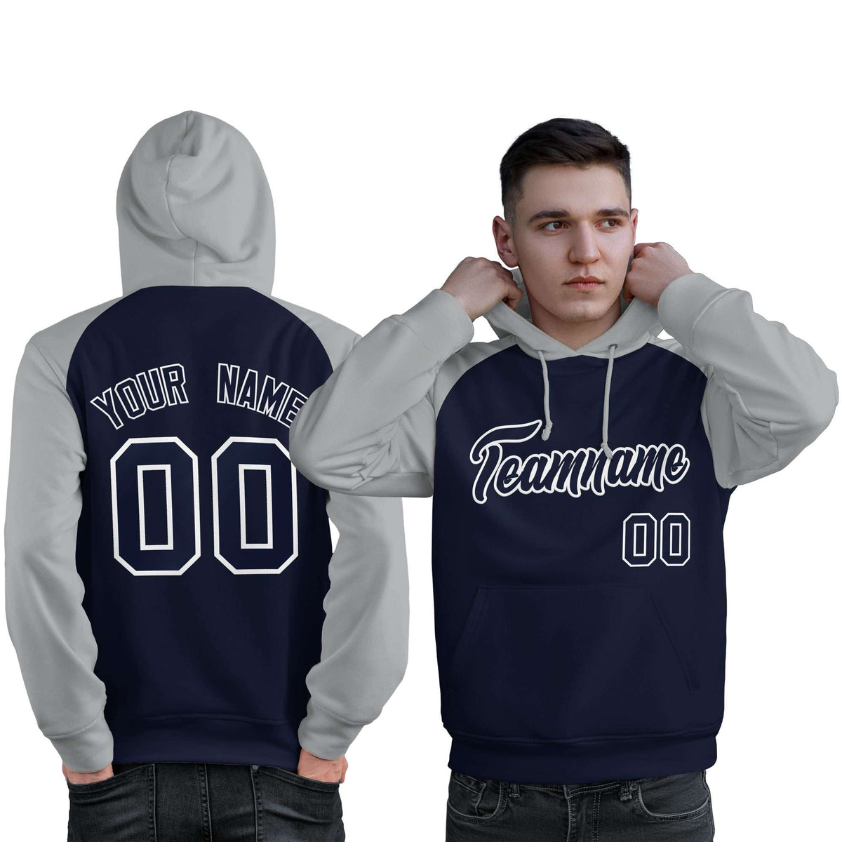 Custom Stitched Navy Gray Raglan Sleeves Sports Pullover Sweatshirt Hoodie For Men| KXKSHOP