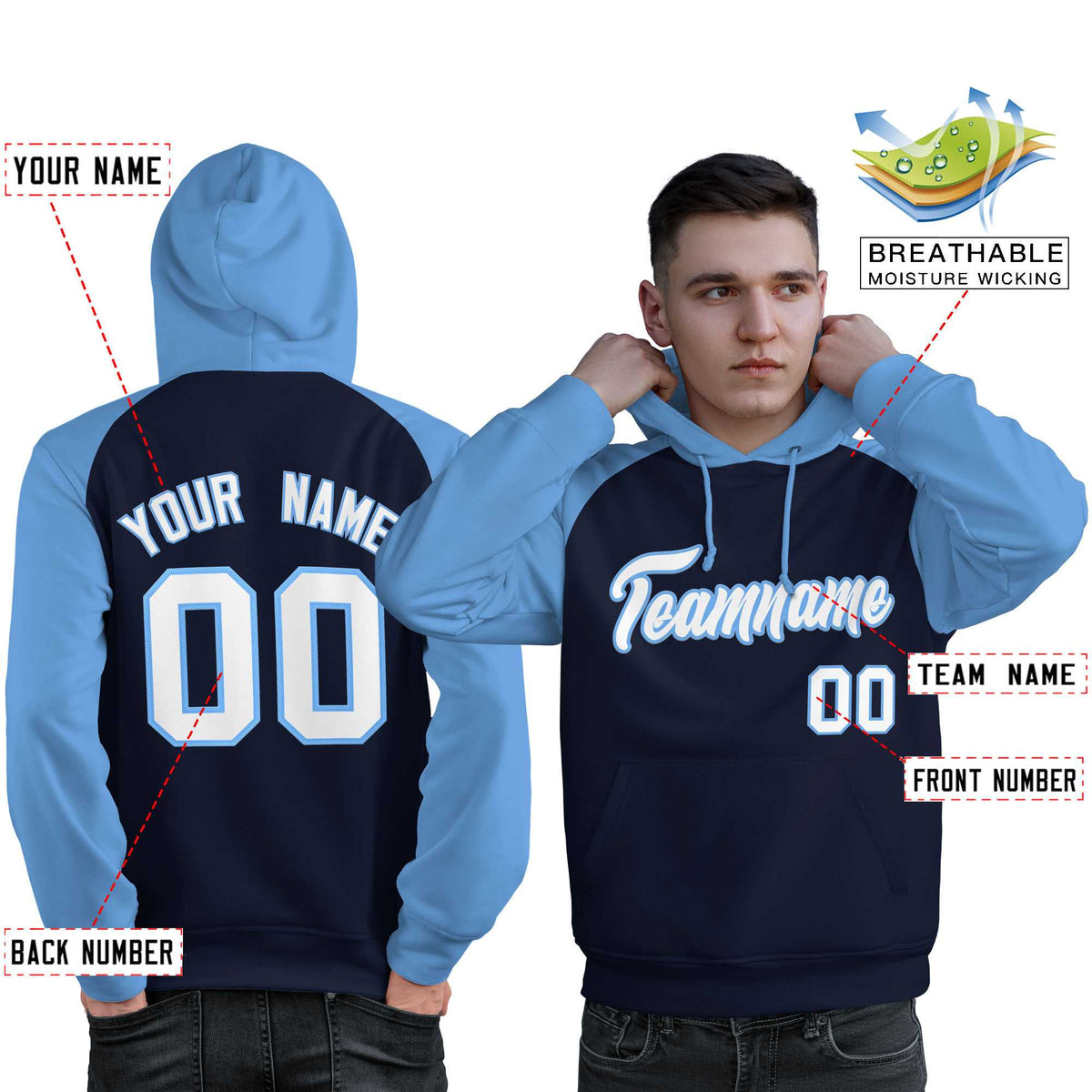 Custom Stitched Navy Powder Blue-White Raglan Sleeves Sports Pullover Sweatshirt Hoodie For Men| KXKSHOP