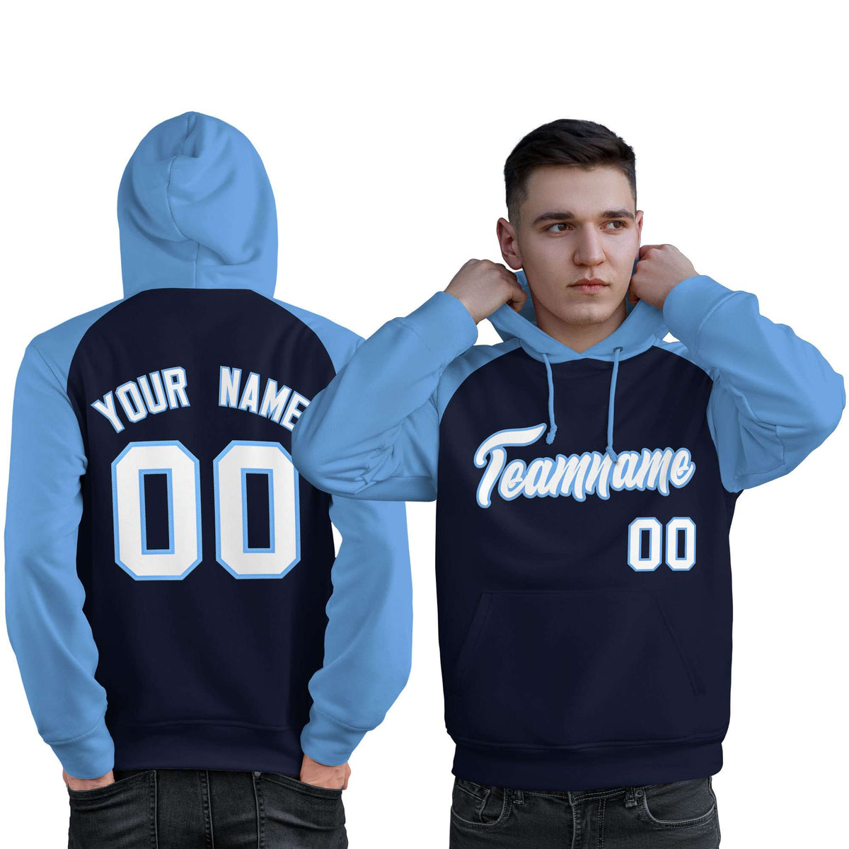 Custom Stitched Navy Powder Blue-White Raglan Sleeves Sports Pullover Sweatshirt Hoodie For Men| KXKSHOP