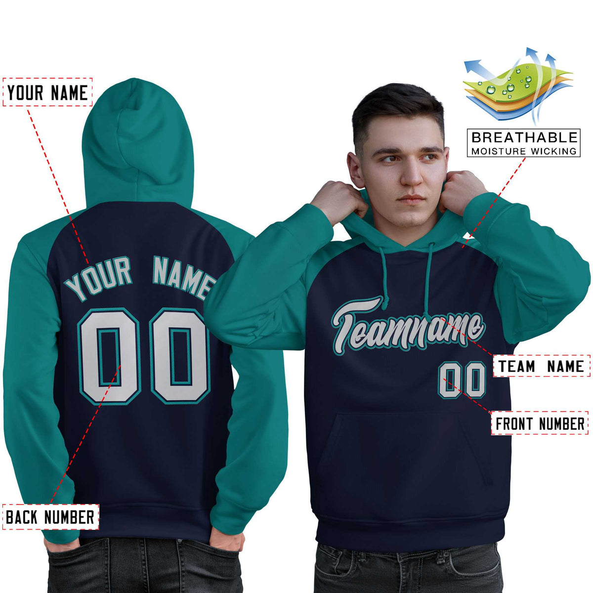 Custom Stitched Navy Aqua-Gray Raglan Sleeves Sports Pullover Sweatshirt Hoodie For Men| KXKSHOP