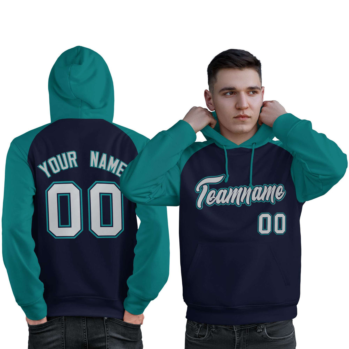 Custom Stitched Navy Aqua-Gray Raglan Sleeves Sports Pullover Sweatshirt Hoodie For Men| KXKSHOP