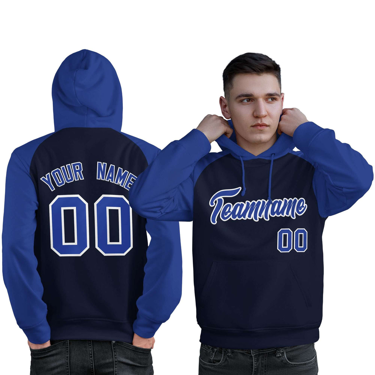 Custom Stitched Navy Royal Raglan Sleeves Sports Pullover Sweatshirt Hoodie For Men| KXKSHOP