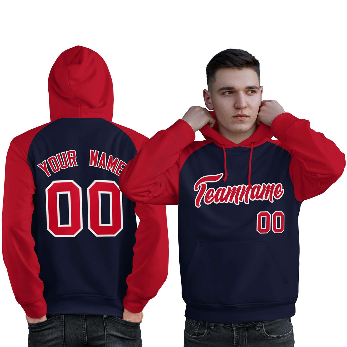 Custom Stitched Navy Red Raglan Sleeves Sports Pullover Sweatshirt Hoodie For Men| KXKSHOP
