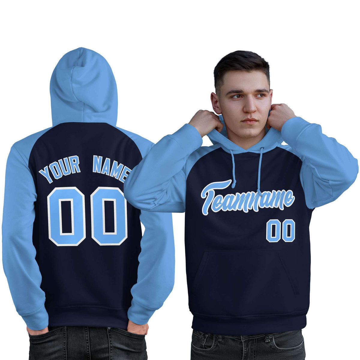 Custom Stitched Navy Powder Blue Raglan Sleeves Sports Pullover Sweatshirt Hoodie For Men| KXKSHOP