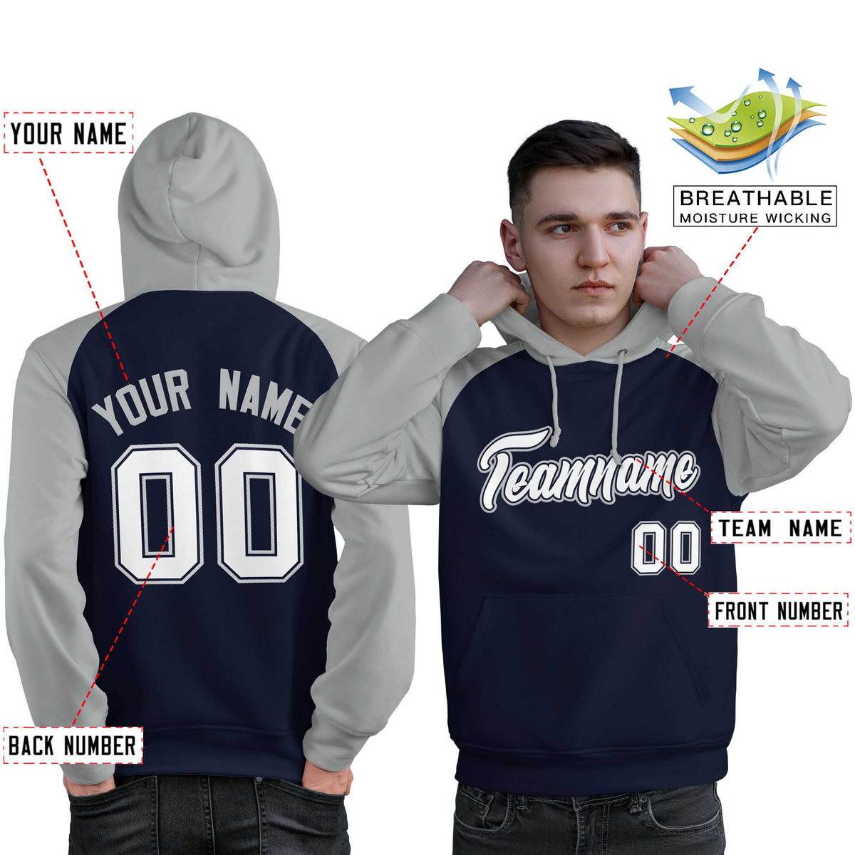 Custom Stitched Navy Gray-White Raglan Sleeves Sports Pullover Sweatshirt Hoodie For Men| KXKSHOP