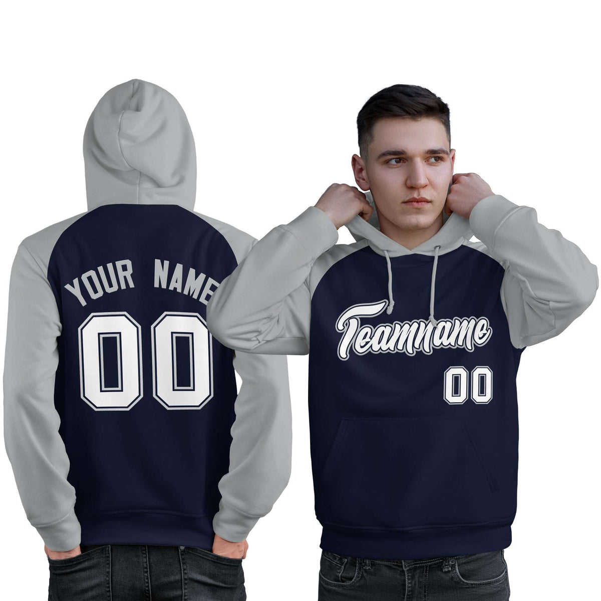 Custom Stitched Navy Gray-White Raglan Sleeves Sports Pullover Sweatshirt Hoodie For Men| KXKSHOP