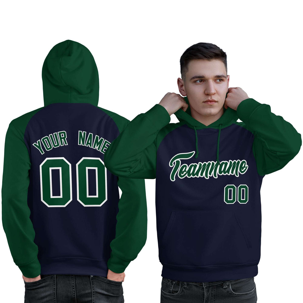 Custom Stitched Navy Green Raglan Sleeves Sports Pullover Sweatshirt Hoodie For Men| KXKSHOP