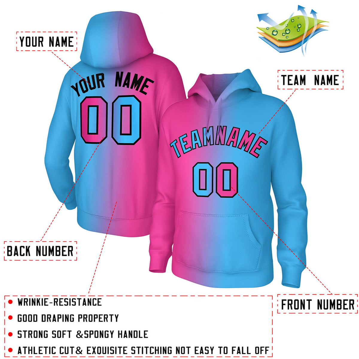 Custom Stitched Pink Powder Blue Gradient Fashion Athletic Pullover Sweatshirt Hoodie| KXKSHOP