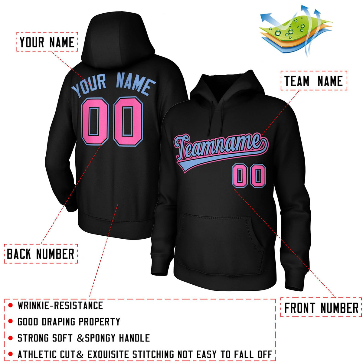 Custom Black-Light Blue-Pink Classic Style Sports Uniform Pullover Hoodie| KXKSHOP