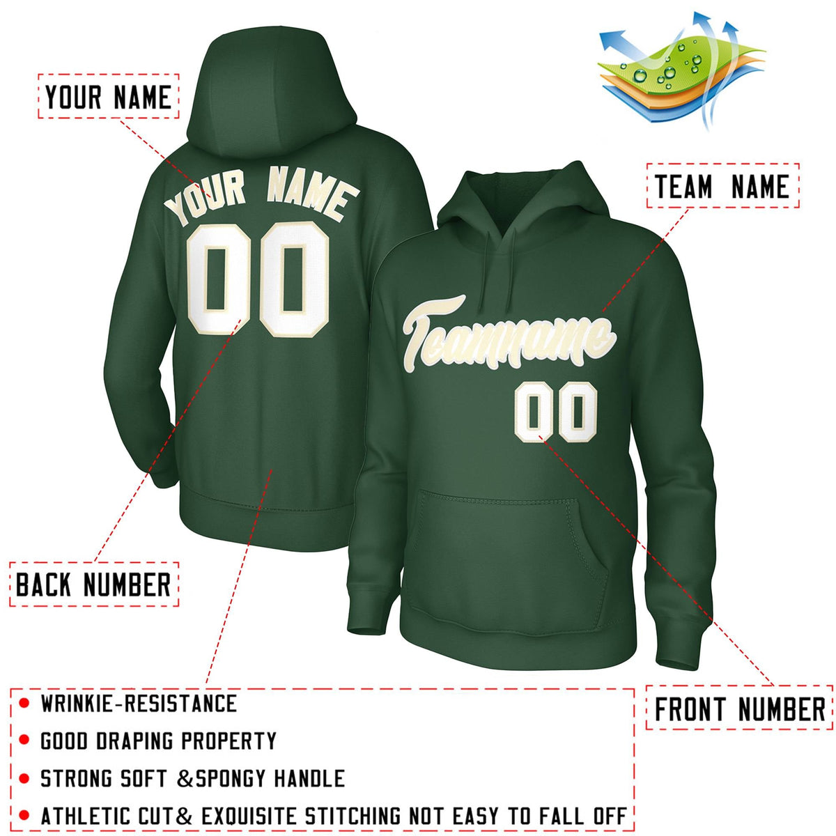 Custom Green White Classic Style Personalized Uniform Pullover Hoodie| KXKSHOP