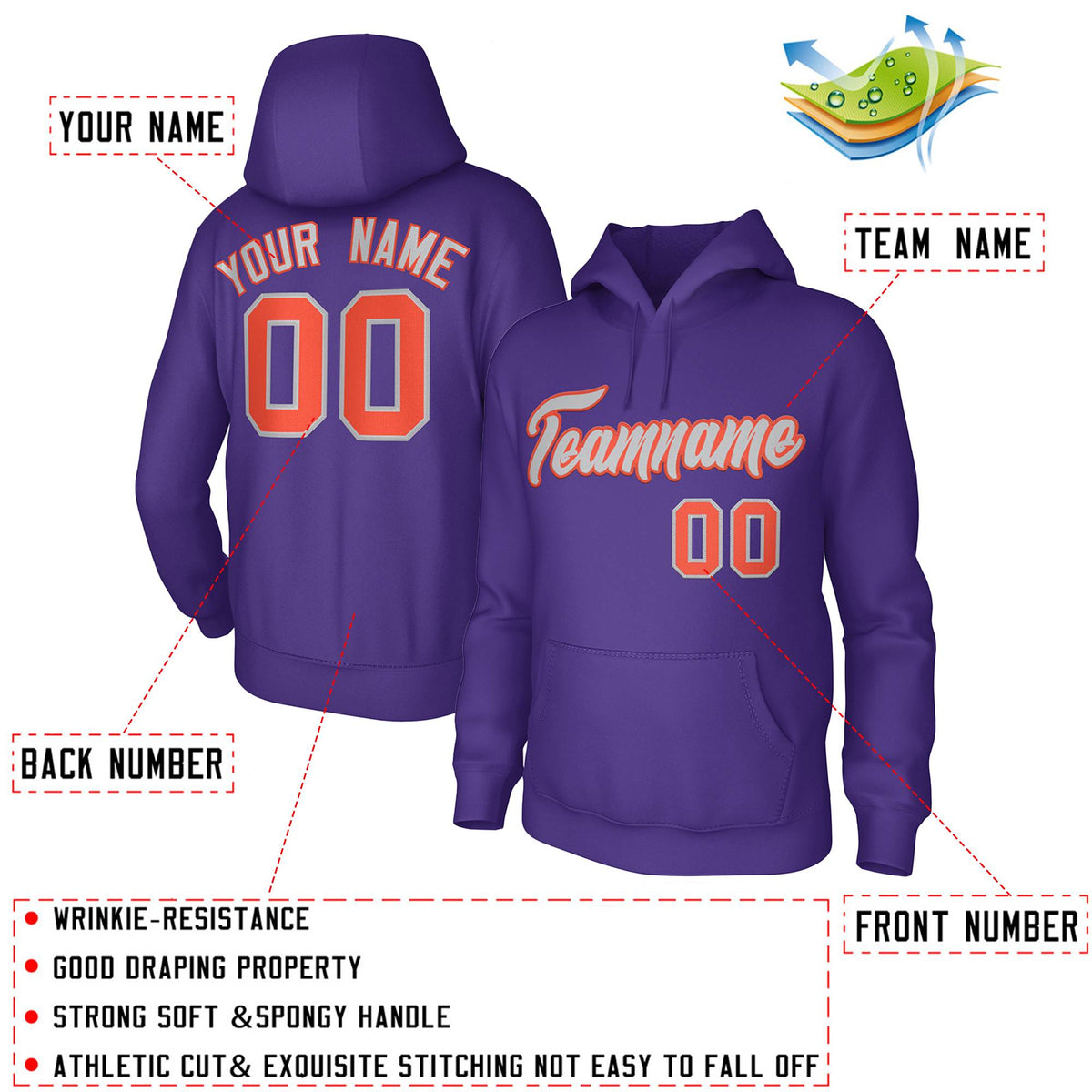 Custom Purple Gray Orange Classic Style Personalized Uniform Pullover Hoodie| KXKSHOP