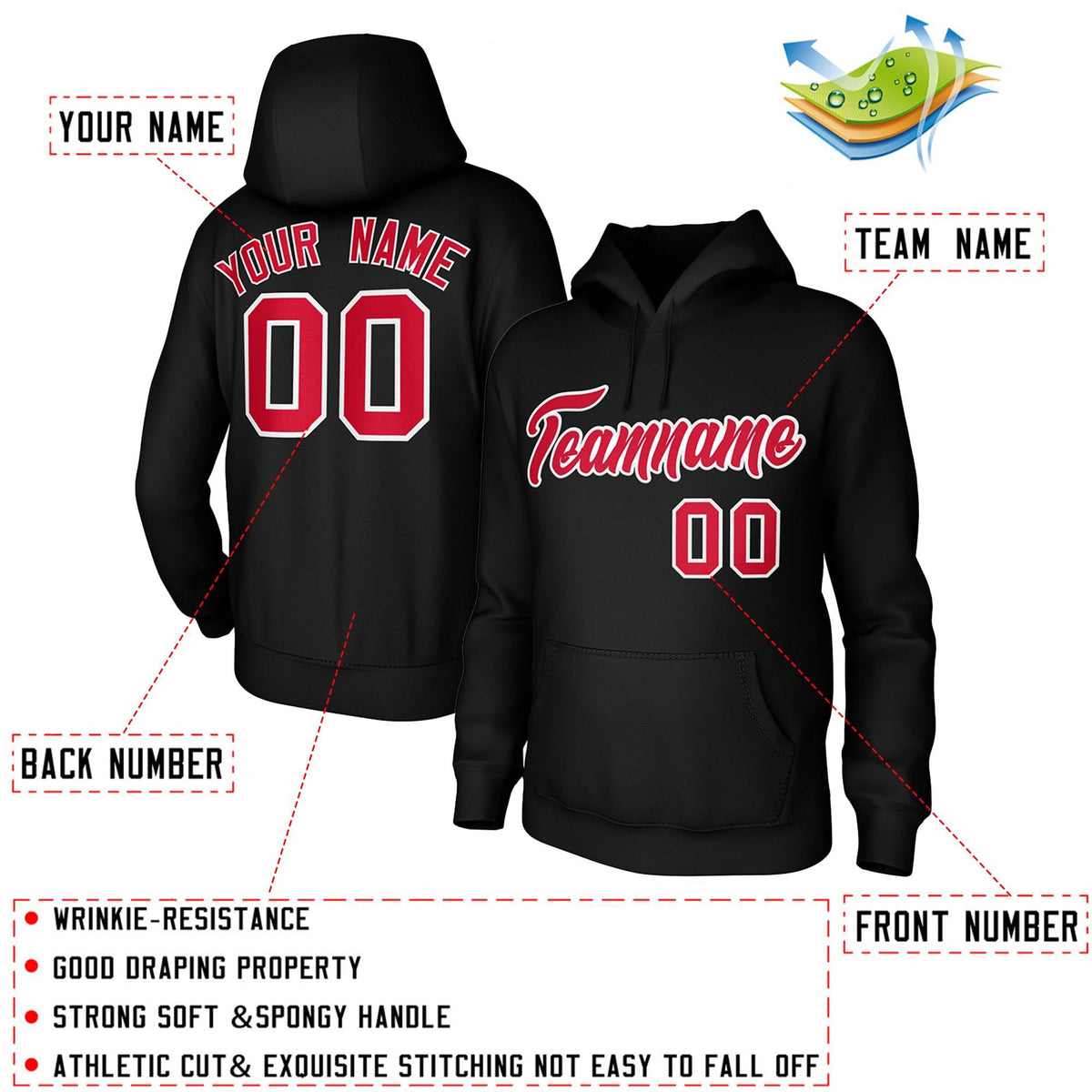 Custom Black Red-White Classic Style Personalized Uniform Pullover Hoodie| KXKSHOP