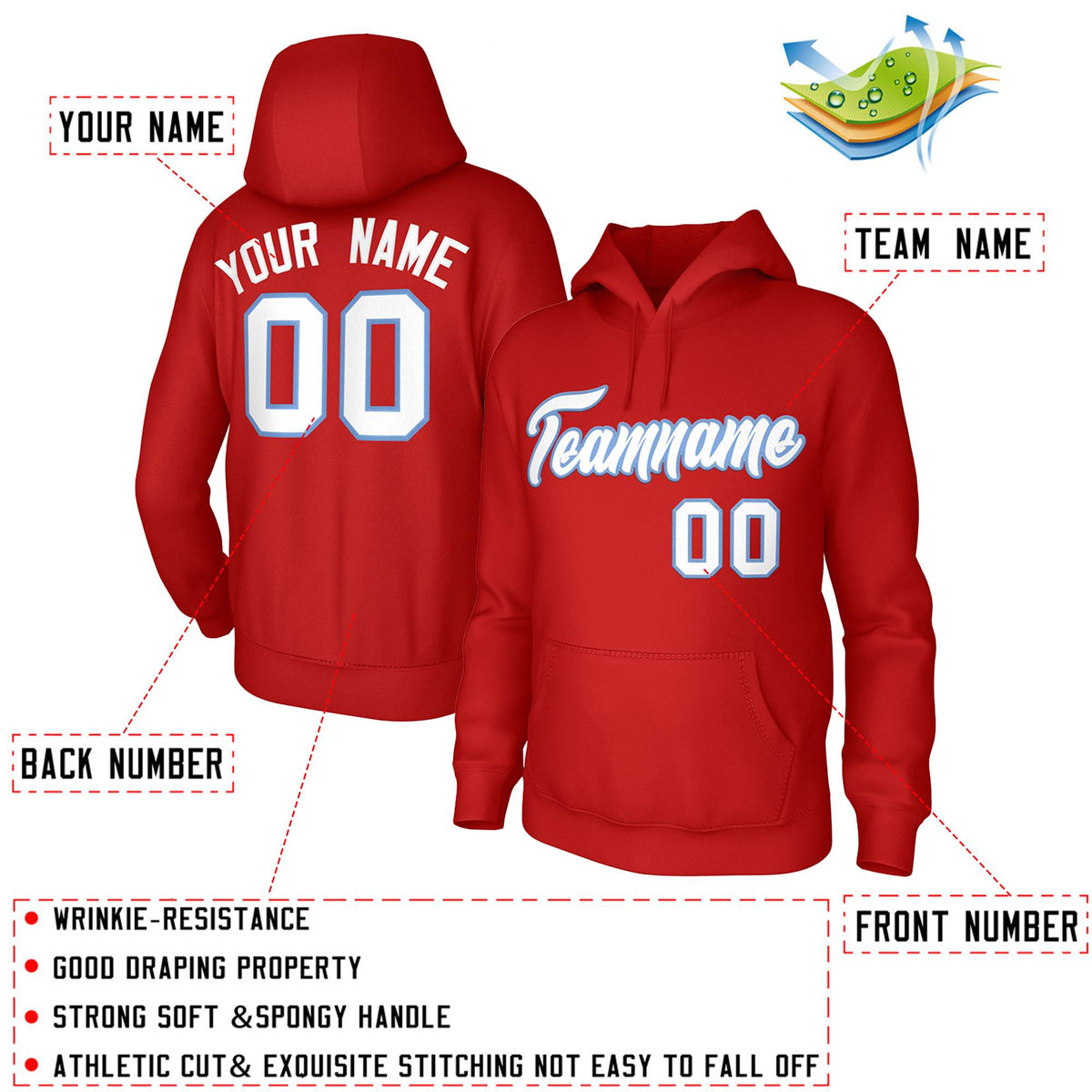 Custom Red White-Light Blue Classic Style Personalized Uniform Pullover Hoodie| KXKSHOP