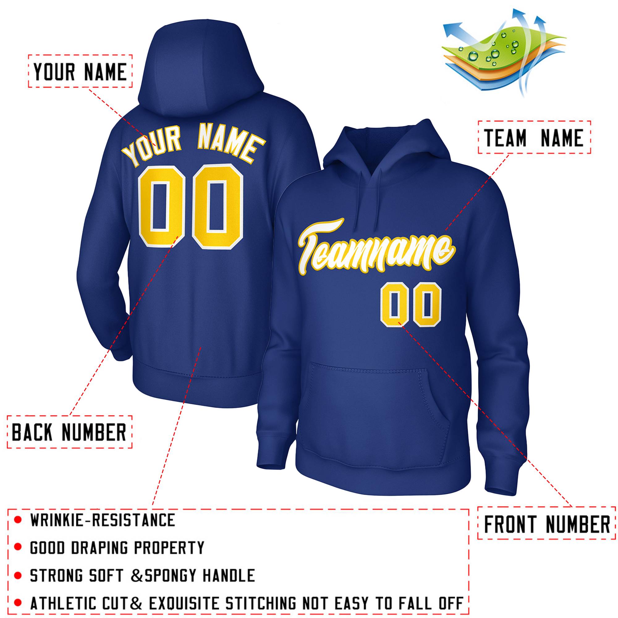 Custom Royal White-Yellow Classic Style Personalized Uniform Pullover Hoodie| KXKSHOP