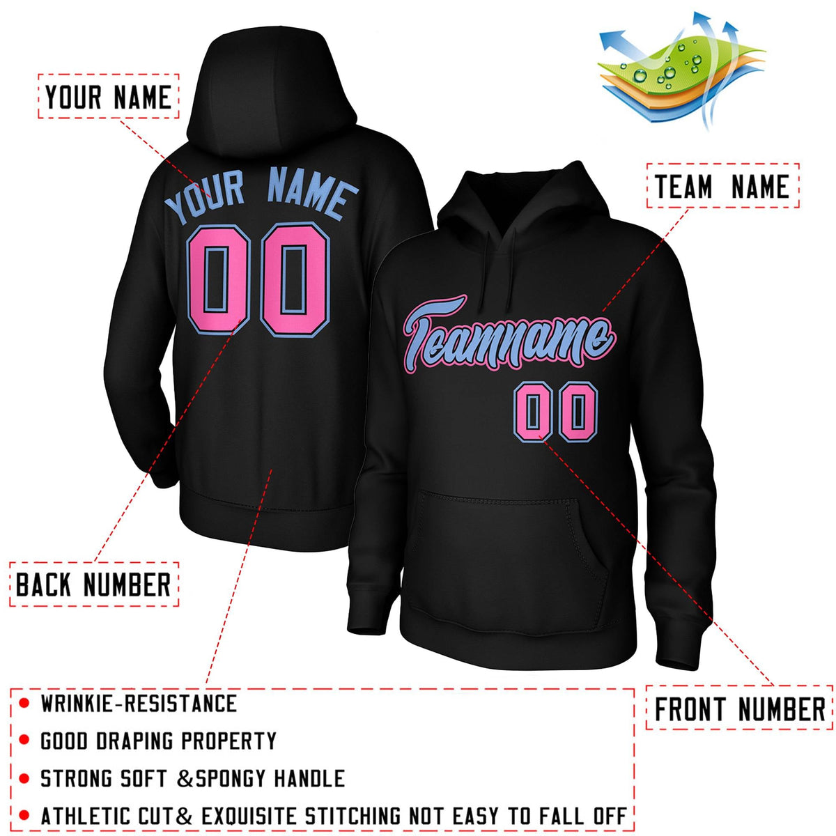 Custom Black-Light Blue-Pink Classic Style Personalized Uniform Pullover Hoodie| KXKSHOP