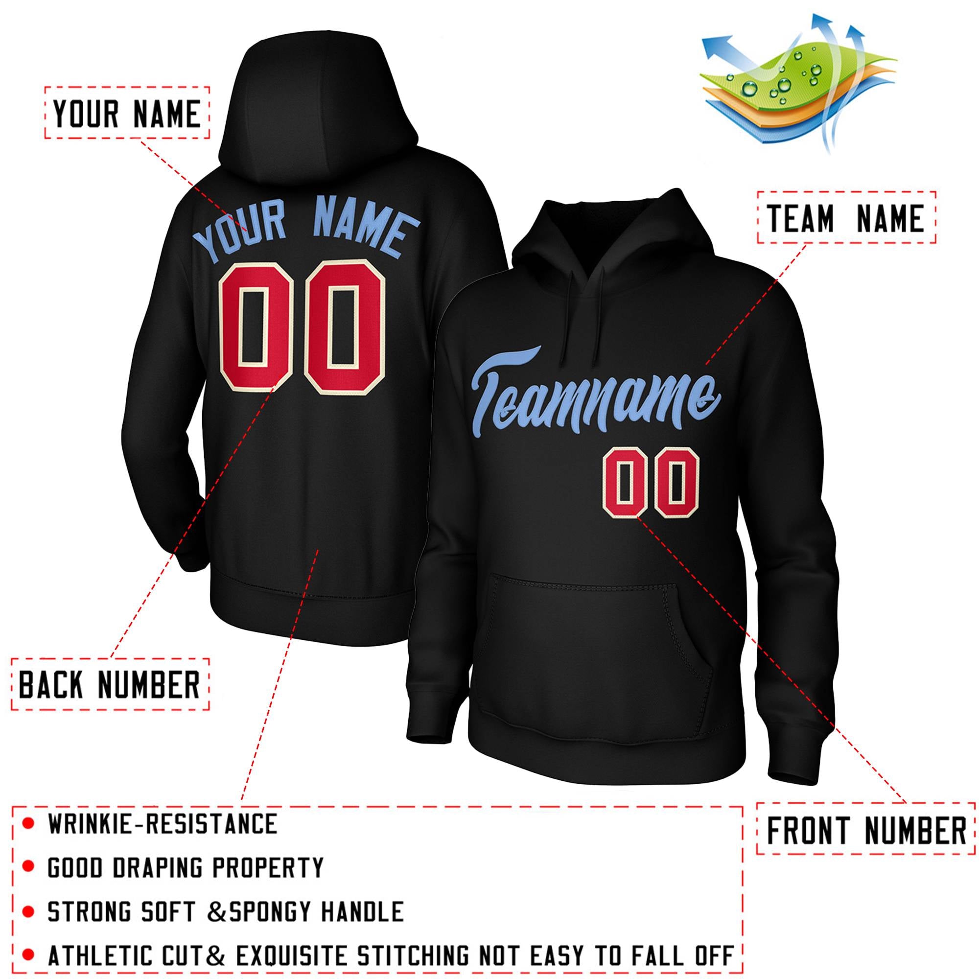 Custom Black-Light Blue Classic Style Personalized Uniform Pullover Hoodie| KXKSHOP