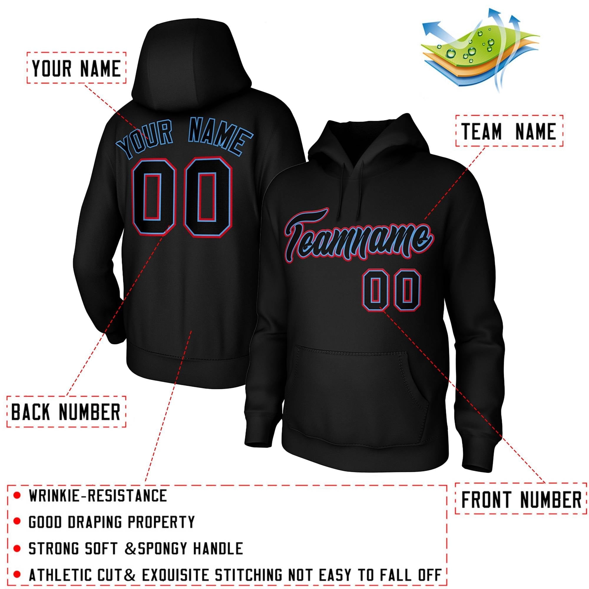 Custom Black Light Blue-Red Classic Style Personalized Uniform Pullover Hoodie| KXKSHOP