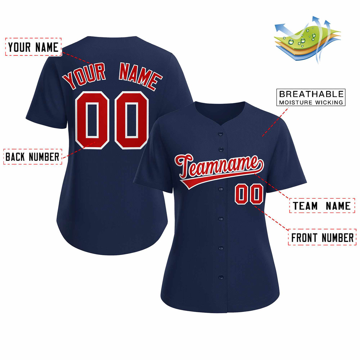 Custom Navy Red White Classic Style Baseball Jersey for Women