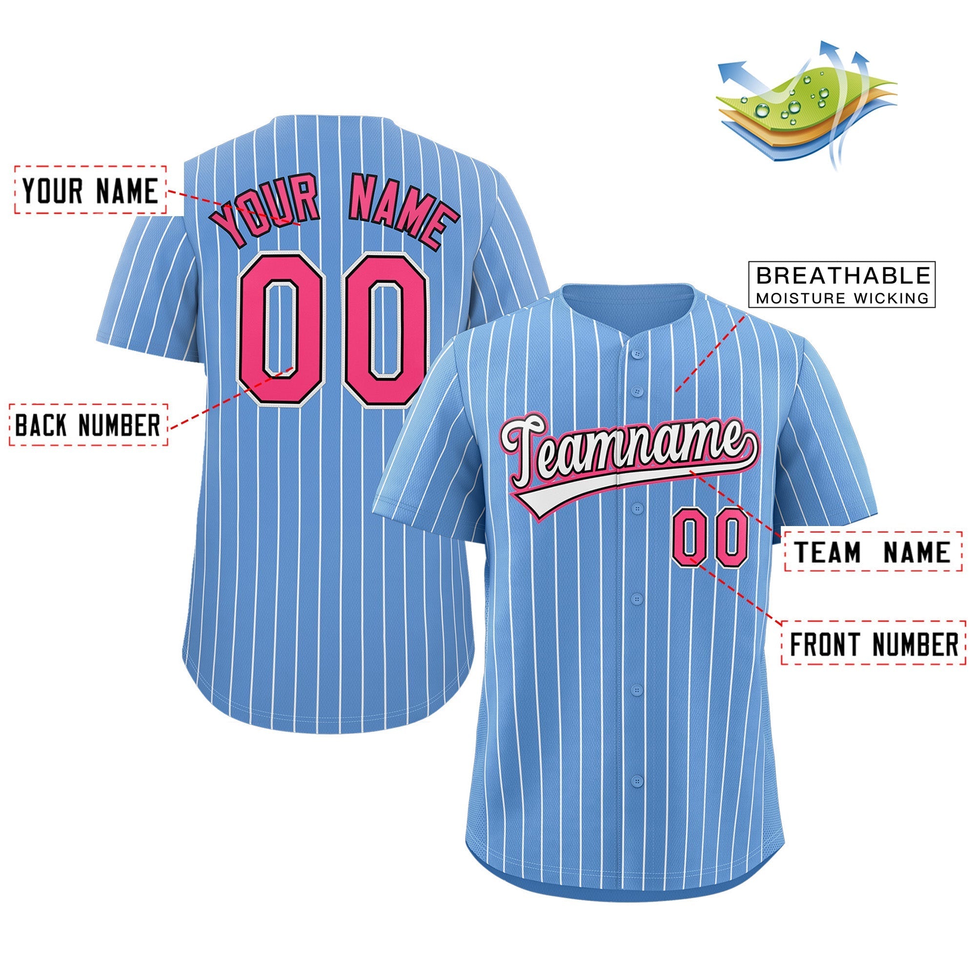 Benutzerdefinierte Hellblau Weiß-Rosa Streifen Mode Authentische Baseball Jersey