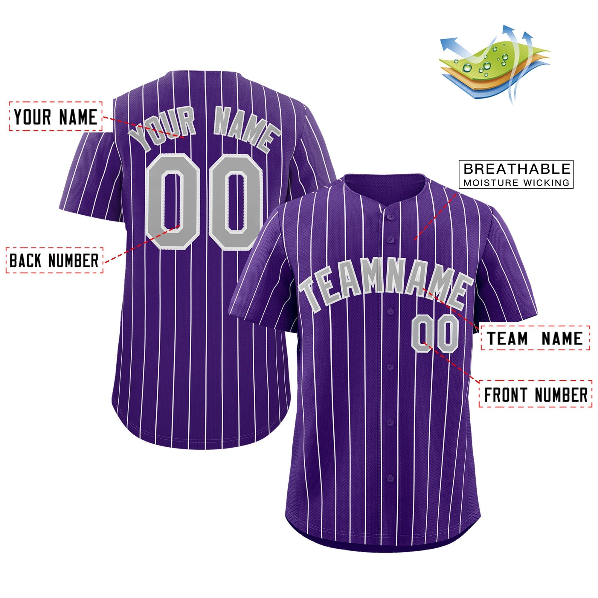 Maillot de baseball authentique à rayures violettes, grises et blanches