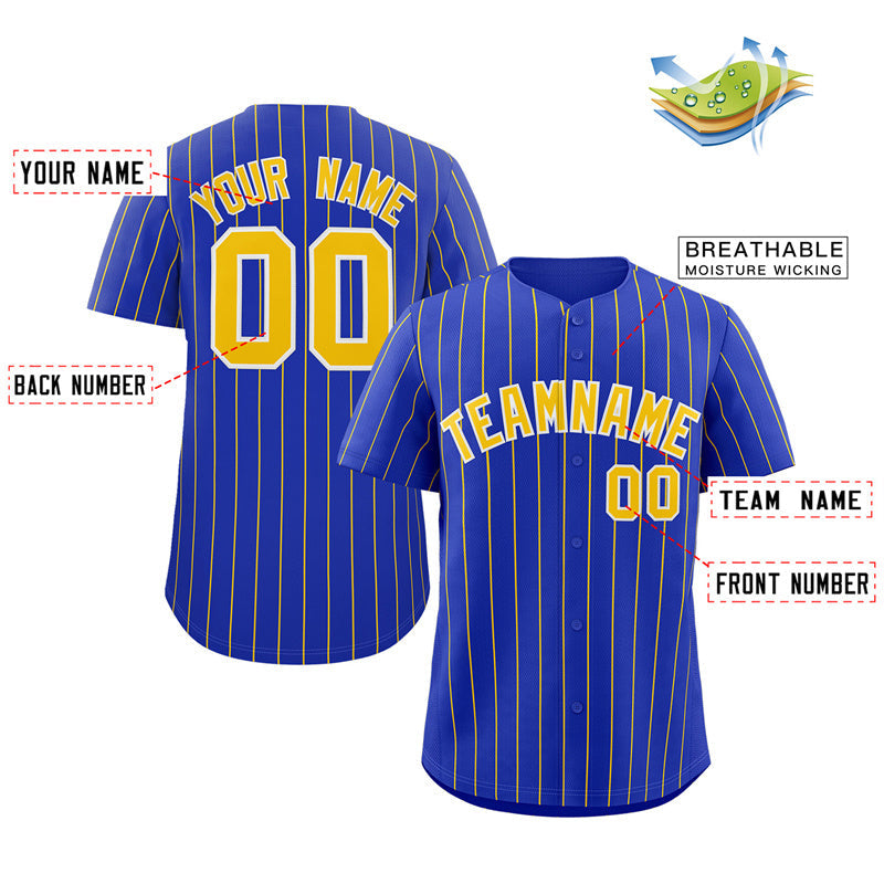 Maillot de baseball authentique à rayures dorées et blanches royales personnalisées