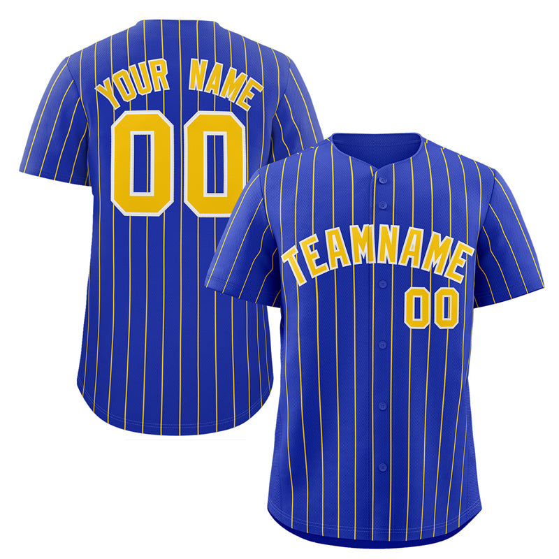 Maillot de baseball authentique à rayures dorées et blanches royales personnalisées