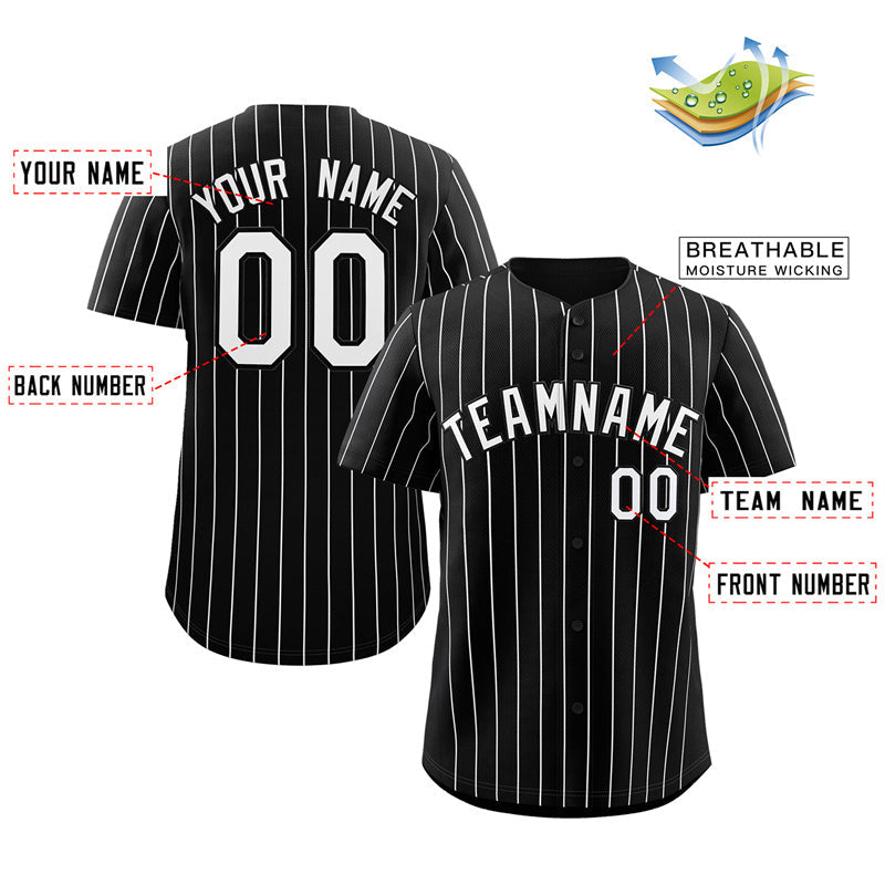 Maillot de baseball authentique à rayures noires et blanches personnalisées