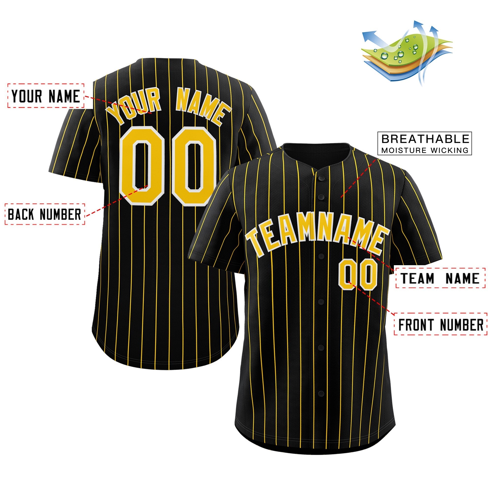 Maillot de baseball authentique à rayures noires, dorées et blanches