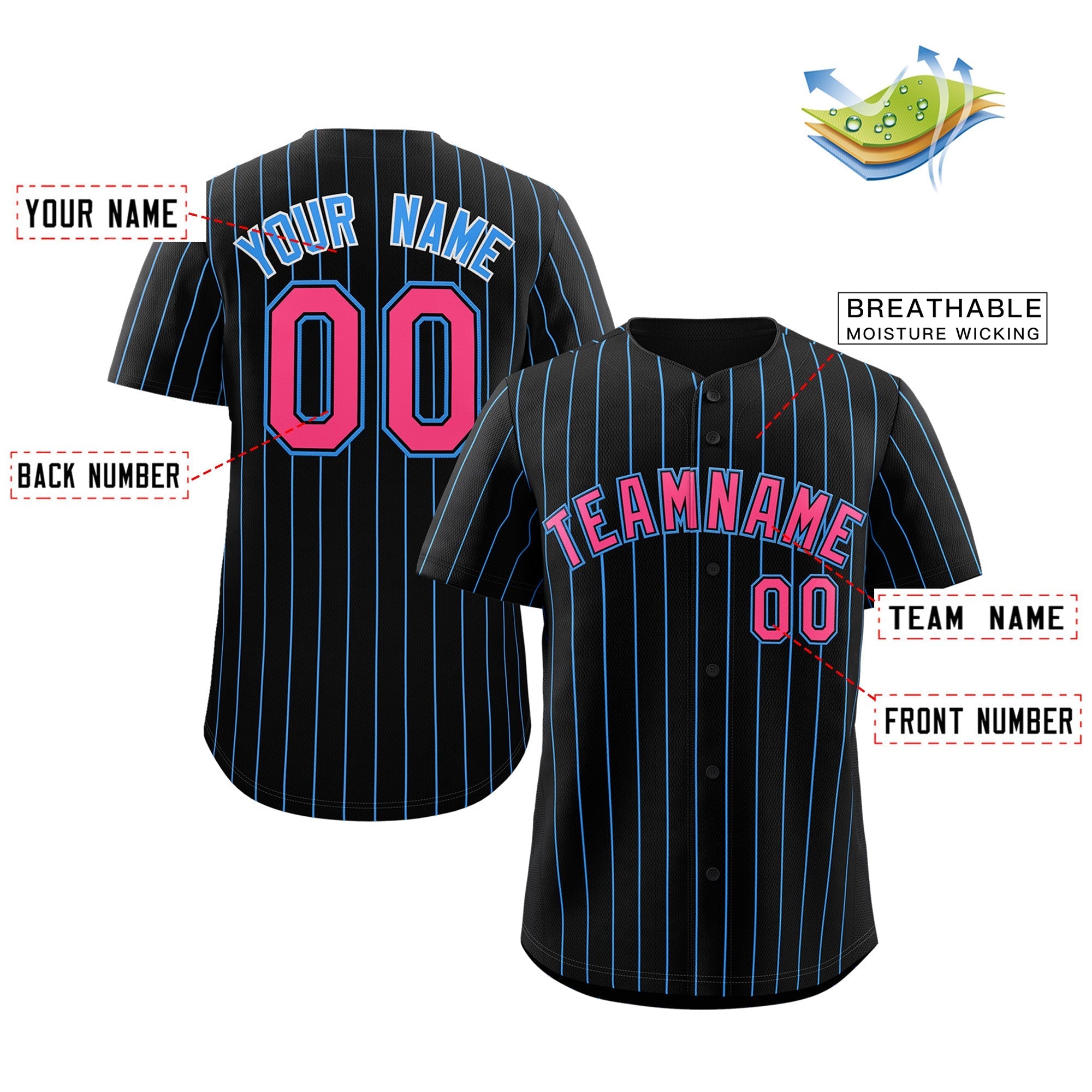 Maillot de baseball authentique à rayures noires, roses et bleues poudrées