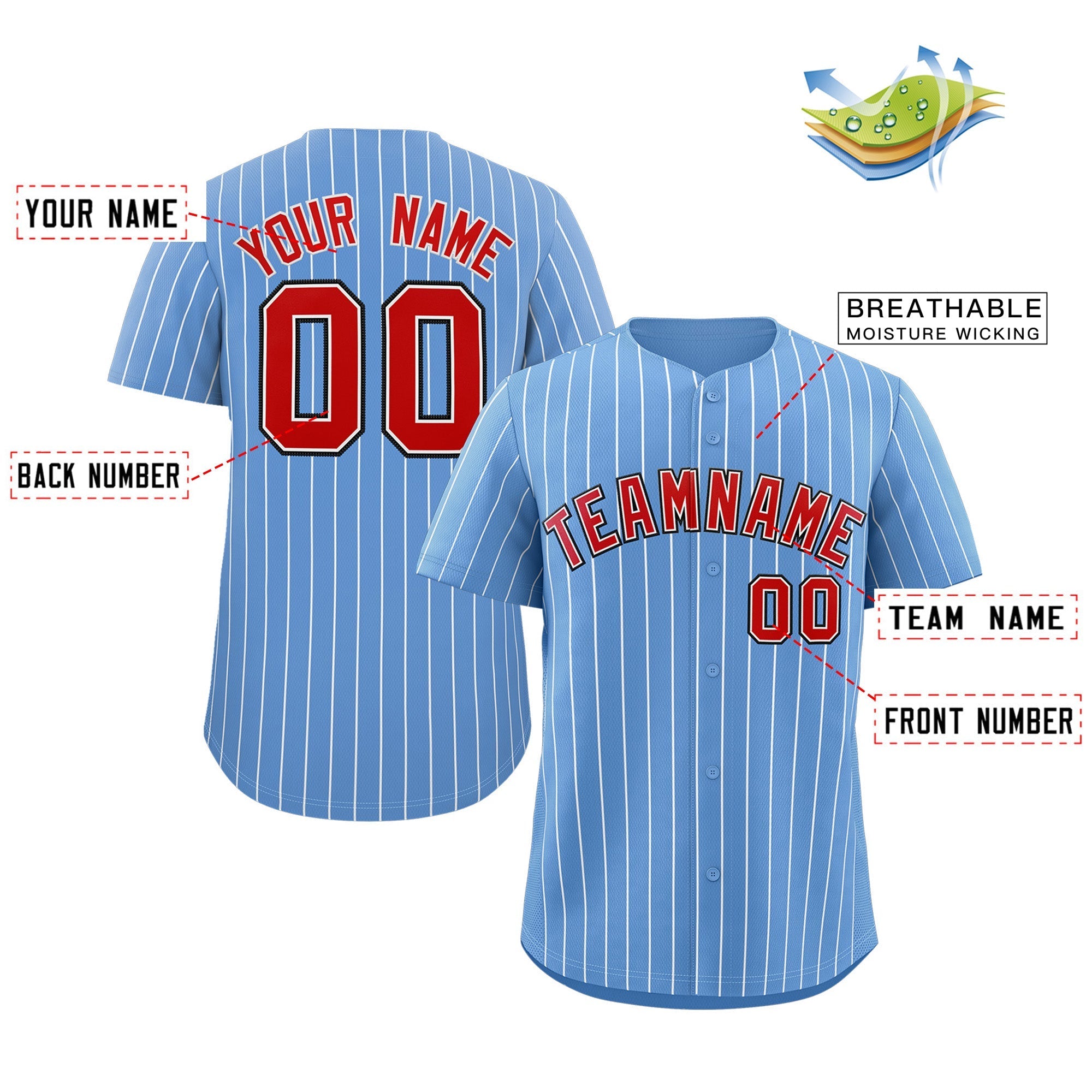 Maillot de baseball authentique à rayures bleu clair, rouge et royal, personnalisé