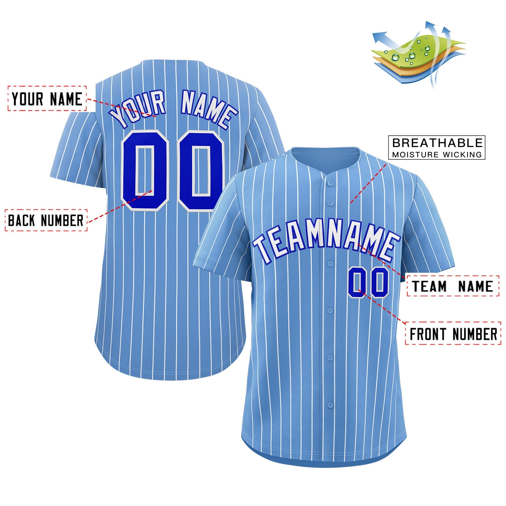 Benutzerdefinierte Hellblau Weiß-Royal Streifen Mode Authentische Baseball Jersey