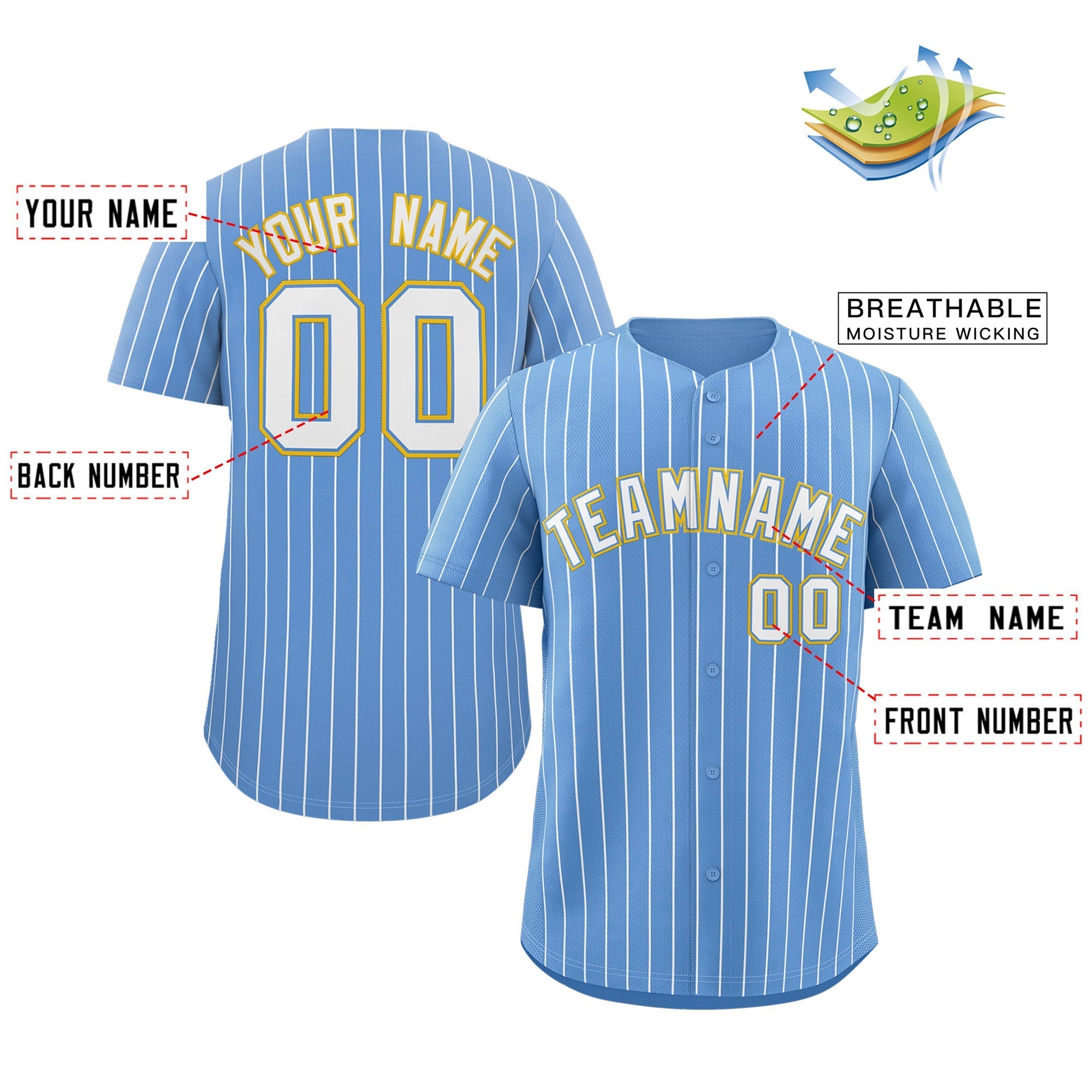 Benutzerdefinierte Hellblau Weiß-Gold Streifen Mode Authentische Baseball Jersey