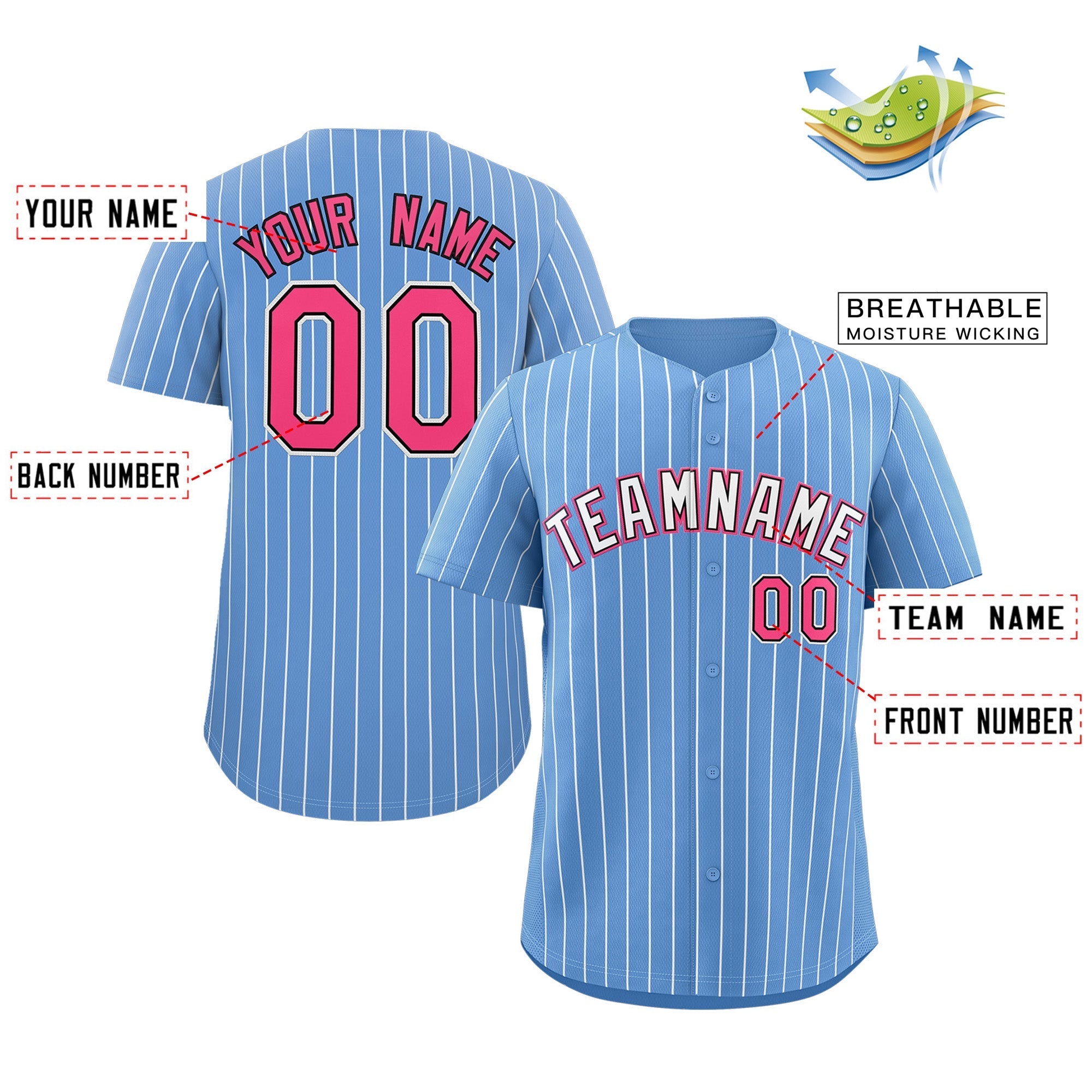 Benutzerdefinierte Hellblau Weiß-Rosa Streifen Mode Authentische Baseball Jersey