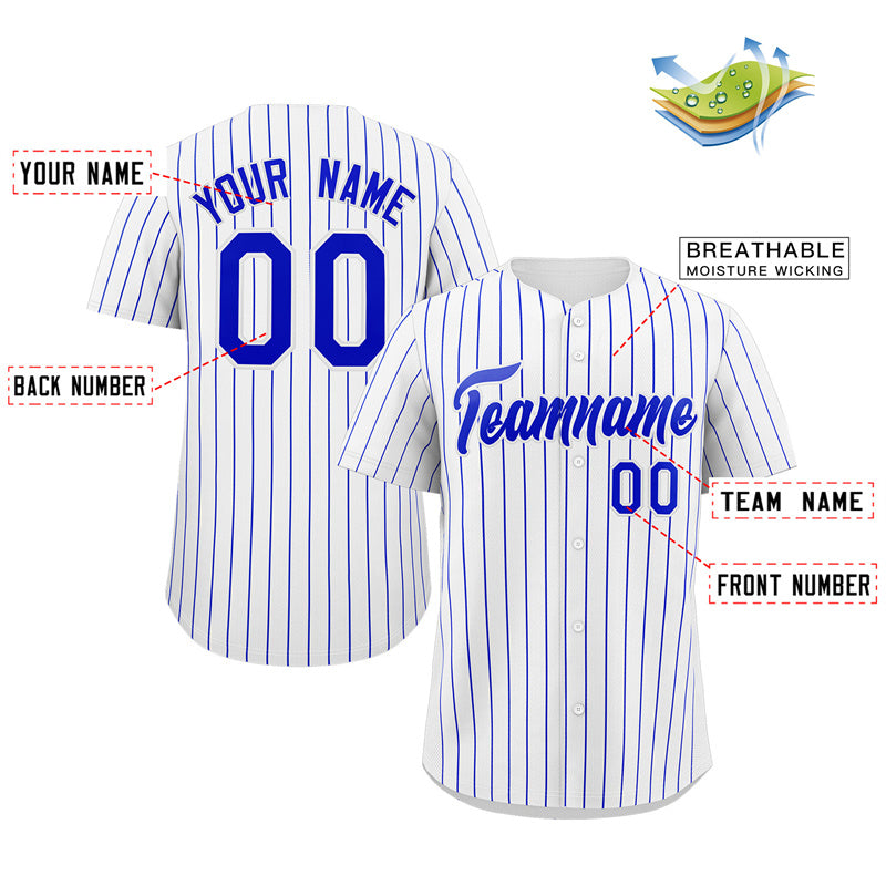 Maillot de baseball authentique à rayures royales blanches personnalisées
