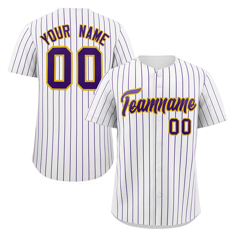 Custom White Purple-Gold Stripe Fashion Authentic Baseball Jersey