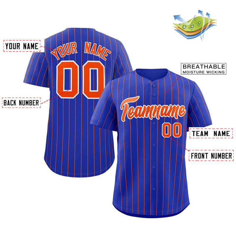 Maillot de baseball authentique à rayures orange et blanches royales personnalisées