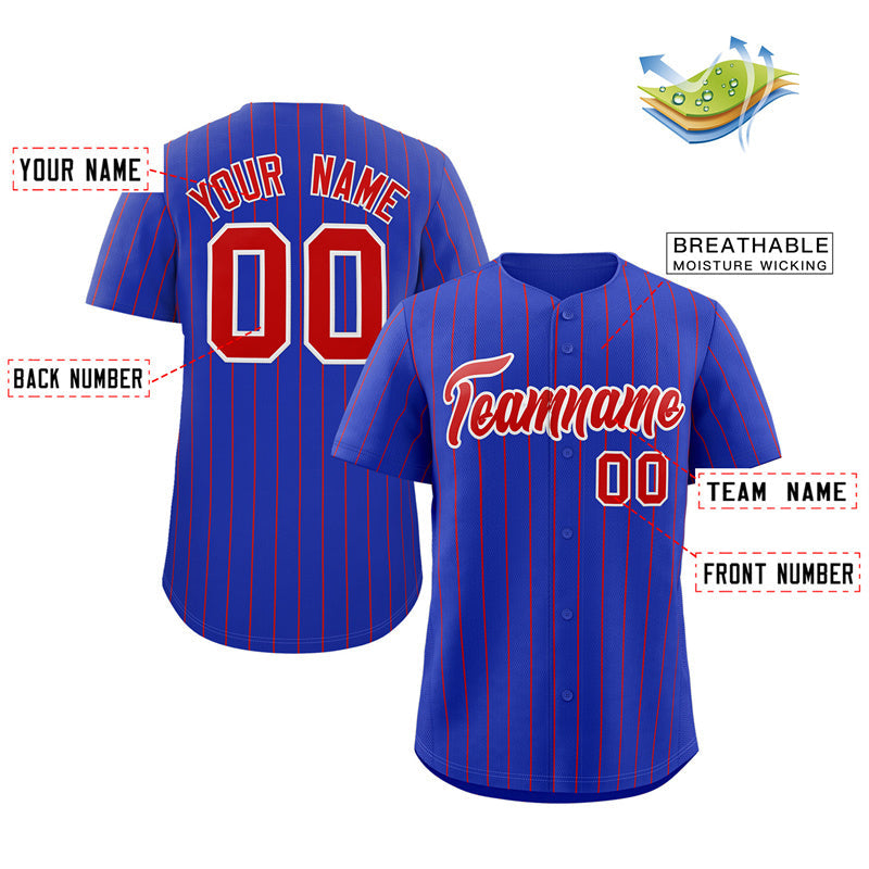 Maillot de baseball authentique à rayures rouges et blanches royales personnalisées